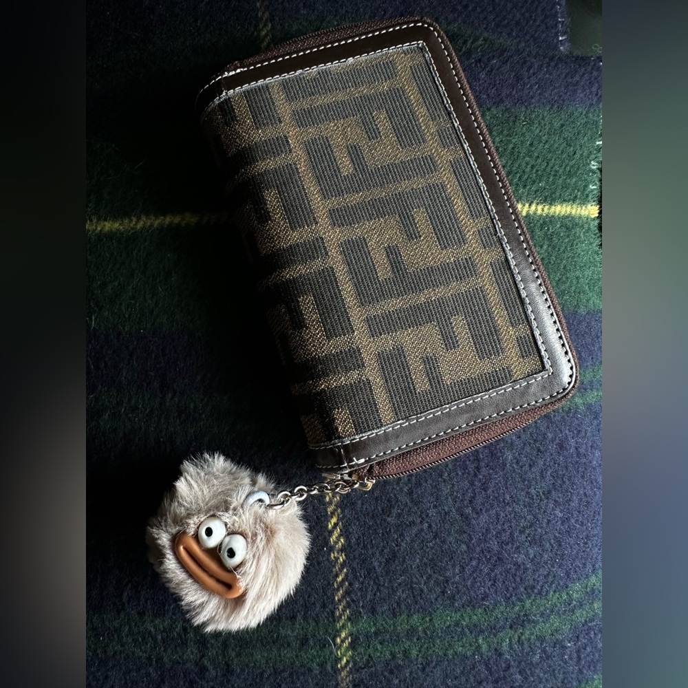 FF Logo FENDI Brown and Tan Patterned Wallet with Keychain